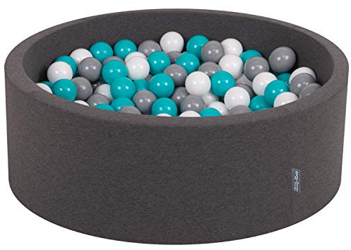 KiddyMoon Bällebad 90X30cm/200 Bälle ∅ 7Cm Bällepool Mit Bunten Bällen Für Babys Kinder Rund, Dunkelgrau:Grau/Weiß/Türkis
