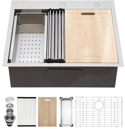 Kichae 25 Inch Drop In Kitchen Sink Workstation - 25 x 22 Drop-In Kitchen Sink 16 Gauge Stainless Steel Single Bowl Ledge Workstation 25 Inch Handmade Basin