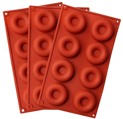 NALCY Molde de rosquilla, Molde de Silicona Galletas, Moldes de Silicona Donut, Galletas, Bagels, Bandeja para Hornear buñuelos, sin BPA, 8 cavidades - 3 Piezas