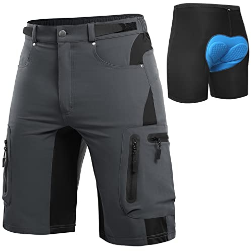 Cycorld MTB-byxor herr cykelbyxor, snabbtorkande mountainbike byxor cykelbyxor med 4D sittdyna, elastisk utomhus sport män cykelbyxor MTB cykel shorts, Nygrå med underkläder, M