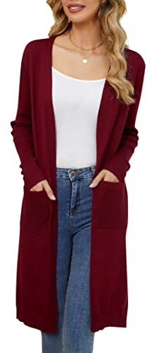 Clearlove Damen Langarm Cardigan Vorne Offen Strickjacke Lang Einfarbige Schulterjacke Strickmantel Pullover Coat mit Taschen
