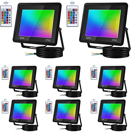 Tubiaz Foco LED RGB de 50 W, foco LED RGB para exteriores con mando a distancia, foco LED, color para exteriores, 16 colores, 4 modos, función de memoria (8 unidades, sin enchufe)