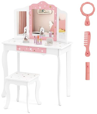 DREAMADE 2 en 1 Coiffeuse Princesse Filles avec Tabouret,Table de Maquillage Enfant avec Miroir Pliable et Détachable,1 Tiroir,Dispositif Anti-basculement,Motif Étoile (Blanc)