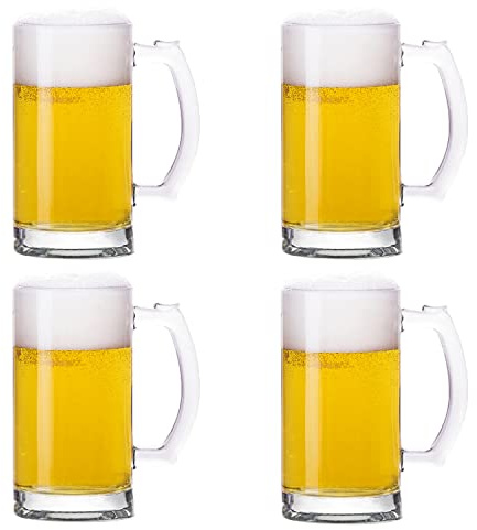 TUSAPAM Heavy Beer Mugs Set, 16oz Glass Mugs With Handle, Beer Glasses For Freezer, 500ml Beer Drinking Glasses, Traditional Stein For Bar, Alcohol, Beverages,Coffee, Teas, Set of 4