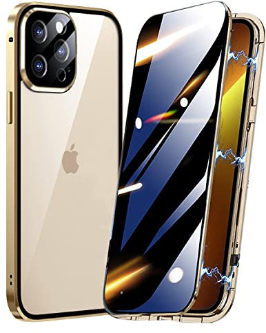 TOPF&B compatible with iPhone 12 Pro Case,360 Degree Full Cover built-in Privacy Screen Protector and Camera Protector,Magnetic Metal Bumper Case for iPhone 12 Pro,Gold