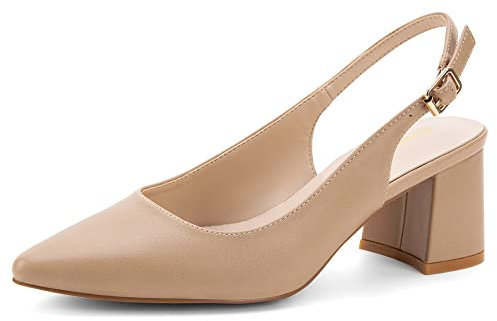 Greatonu Donna Pointed Toe Slingback Court Shoes Block Heel Ladies Pumps Ankle Strap Dress Sandals Nude EU 37