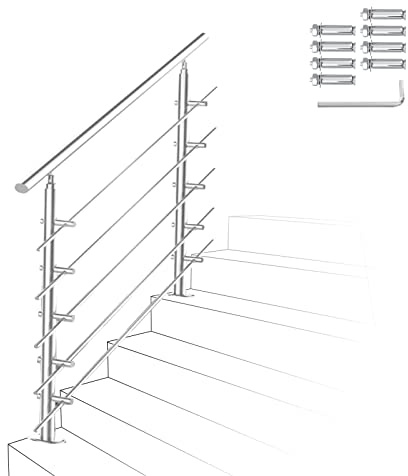 Izrielar Barandilla para escalera de 100 cm, acero inoxidable, con 5 travesaños, pasamanos en ángulo ajustable, barandilla para exterior e interior