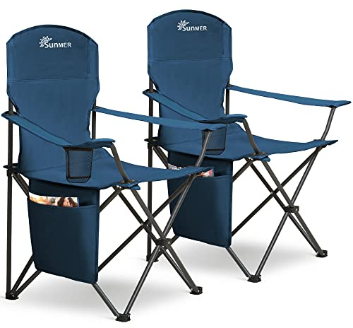 SUNMER Folding Camping Chairs - Set of 2, Extra-Wide Lightweight Outdoor Chairs with Armrests, Cup Holder and a Side Pocket - 120kg Capacity per Chair - Professional Travel & Garden Seating - Blue