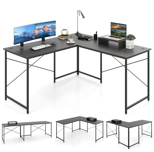 GIANTEX Schreibtisch Eckschreibtisch L-Form Computertisch umkehrbar PC-Tisch mit Monitorständer 2 Kombinationen Computerschreibtisch Winkelschreibtisch Bürotisch Ecktisch Gaming-Tisch (Grau)