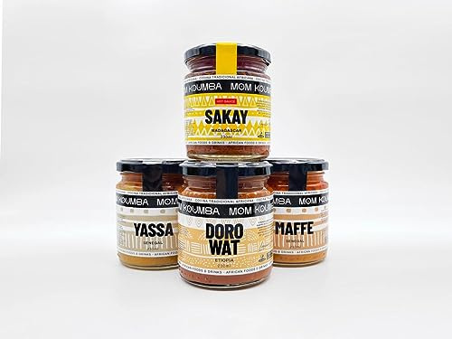 4 Salsas de cocina tradicional africana MOM KOUMBA: Maffe, Yassa, Sakay y Doro Wat. Ingredientes naturales. Libres de gluten y lactosa. Sin aditivos ni conservantes Tarros de 230 ml.Pack degustación