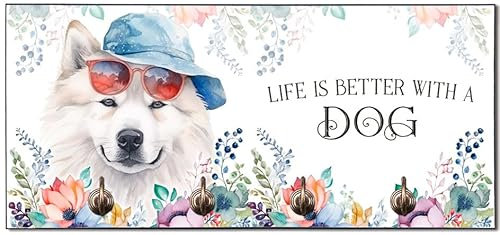 Cadouri Design-Hundegarderobe mit Samojede - Leinenhalterung für Halsband, Leine & Geschirr - originelles Geschenk für Hundebesitzer - handgefertigt