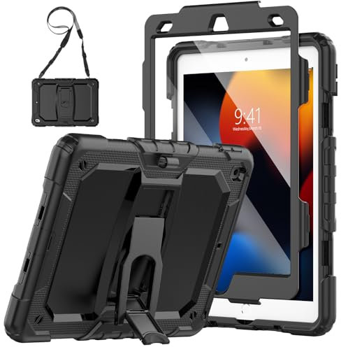 SEYMAC Funda para iPad de 10,2 Pulgadas (9.ª/8.ª/7.ª generación), Funda a Prueba de Golpes con Protector de Pantalla/Soporte Plegable/Soporte para Bolígrafo para 2021/2020/2019, Negro