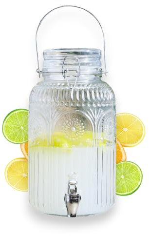 PZL CONCEPT Distributeur Boisson avec Robinet 4 L - Fontaine à Eau et Cocktail - Design Décoré - Bol à Punch - Jarre en Verre pour Limonades - Bonbonne - Bocal pour Sublimez vos Fêtes et Anniversaires