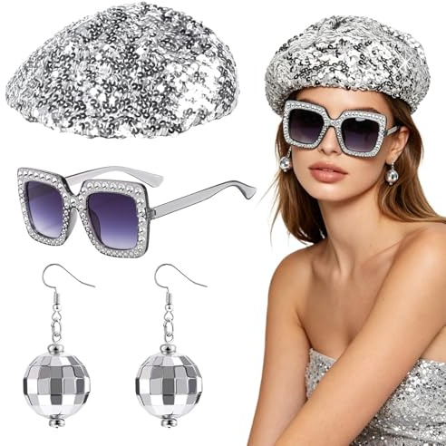 EUPSIIU 3 Pièces Tenue de Fête Disco Femmes Accessoires Disco des années 70 80 pour Adultes Paillettes Bérets Chapeau, Lunettes de Soleil, Boucles d'Oreilles, Costume disco Argenté pour Fête (3PCS)