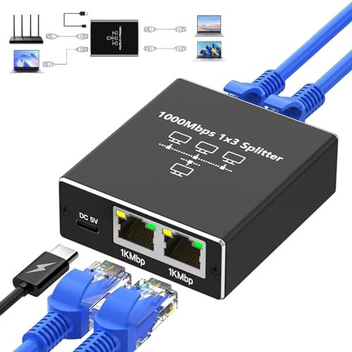 Loydia Gigabit Ethernet Splitter LAN RJ45 3 Porte, Switch ethernet Internet Splitter con Cavo USB-C, Switch di Rete LAN RJ45 Splitter ethernet per Computer, Laptop, Switch, Router