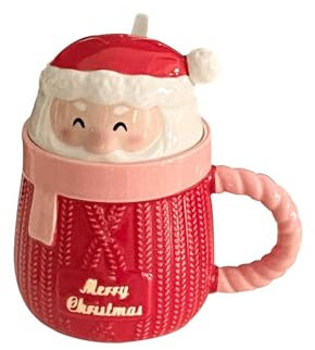 Weihnachten Tasse, Keramik-Teebecher, Niedlicher Weihnachtsbecher mit Deckel und Löffel, Rot, 400ml (Rosa)