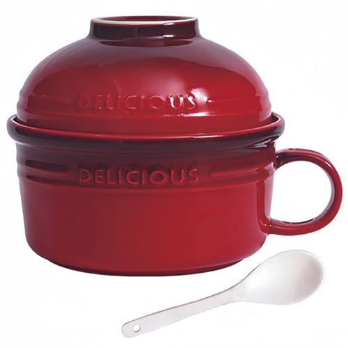 Dowbom Keramisk snabbnudelskål, porslinskoppformad soppskål med lock och handtag, ramenskål lunchskål (röd, 538 ml)