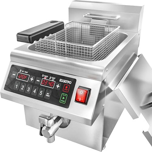 EGGKITPO 12.6 Quart Commercial Induction Fryer with Timer and Drain Electric Fryer with Basket and Lid, 12L Countertop Large Fryer for Home Use, Kitchen,
