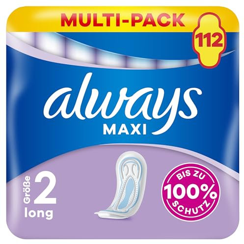 Always Maxi Profresh Long Binden (Größe 2) 112 Stück, Bis Zu 100% Schutz, Schließt Gerüche Ein, Einzeln Verpackt