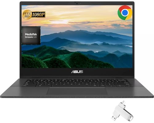 ASUS Chromebook CM1402 Laptop, 14 FHD Display, MediaTek Kompanio 520, 4 GB RAM, 320 GB Storage (64GB eMMC + 256GB SD Card), MediaTek Graphics, Bluetooth, Wi-Fi, Chrome OS, with 256GB USB Flash Drive