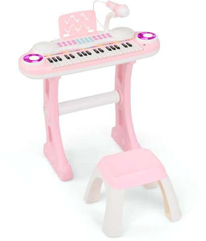 KOMFOTTEU Clavier 37 Touches pour Enfants, Piano pour Enfant, Lumière et Microphone, Clavier pour Enfants, 4 Effets de Percussion & 8 Rythmes/Sons, pour Enfant de 18 Mois et Plus (Rose)