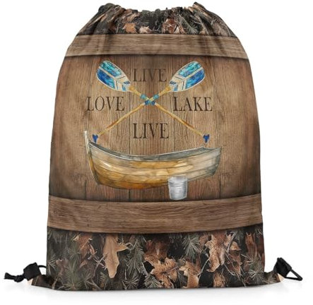 Homewish Lake Life Drawstring Backpack 33 x 40 cm for Sport,Oil Painting Boat Oar Drawstring Bags for Trip,Patchwork Woodland Camo Draw String Back Bag,Fishing and Hunting String Backpack