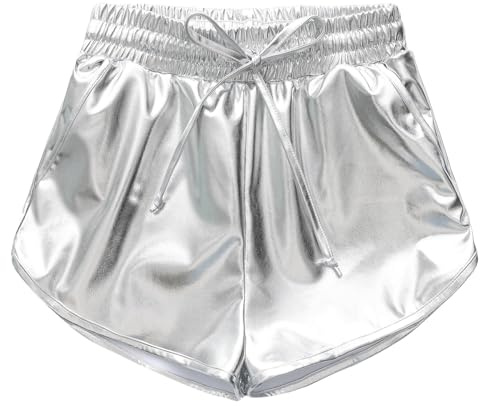 Happy Cherry Mädchen Funkelnde Metallic Shorts Kinder Kordelzüge Lose Sportshorts Elastische Taille Tanz Shorts Hose für Sport Gymnastik Workout Silber 140