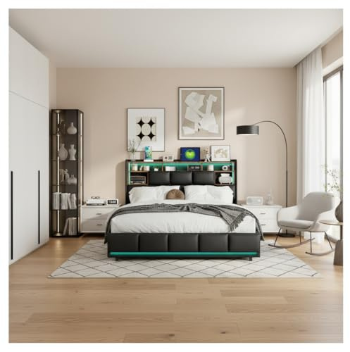 Bett mit Stauraum,Polsterbett Doppelbett 160 x 200, gepolstertes hydraulisches Bett,Stauraumbett Holz,Funktionsbett mit LED, Bettkasten mit Kopfteil und Lattenrost (Schwarz + PU-B, 160 x 200 cm)