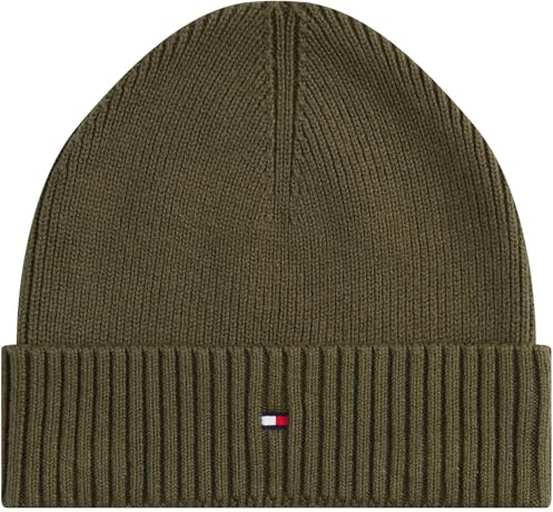 Tommy Hilfiger Uomo Berretto in Maglia Flag Cotton Beanie con Cachemire, Verde (Foxhunt Green), Taglia Unica