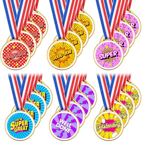 Sinmoe 24 Packs Gold Plastic Medals for Children Kids Sports Day, Assorted Stickers Star and Neck Ribbon Football Medals for Students Prizes, Awards Classroom Games Gifts (Motivation Style)