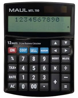 MAUL Tischrechner schwarz MTL 700 12-stellig LCD Solar Batterie | Rechenweg im Blick, angewinkelte Anzeige, kaufmännische Funktionen, schnelle Doppel-Null-Taste, handliches Büroformat