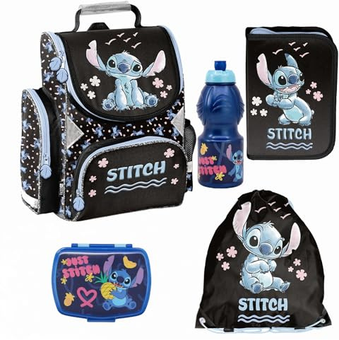 PASO - Schulranzen für Jungen und Mädchen, 5er-Set - Schul-Rucksack für Kinder mit Federmäppchen - Schuhbeutel Brotdose und Trinkflasche - Stitch Motiv - 1-3 Klasse