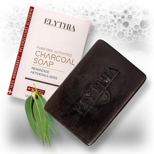 Elythia Aktivkohle-Seife mit Eukalyptus – Tiefenreinigung & Frische, Porenverfeinernde Reinigung, Antibakterielle Seife, Naturkosmetik Seife, Pflanzliche Seife, Hochwertige Seife, Vegane, Bio