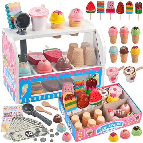 Wooderma Eisdiele Kinder Holz, Kinderküche Zubehör, Eisladen Kinder Holz | Kaufladen Rollenspiele, Holzspielzeug Spielküche Zubehör, Eiscreme Einkaufsladen, Montessori Spielzeug, Geschenk ab 3 Jahren