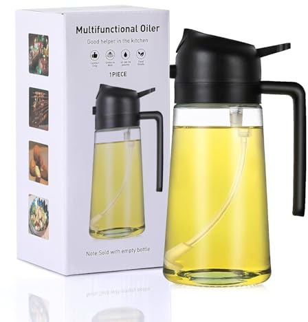 MYOTTPRO Olive Oil Dispenser and Sprayer for Kitchen 16oz, Oil Sprayer For Cooking 2 In 1, Leakproof Oil Dispensing Glass Bottle with Anti-Drip Spout for Frying Cooking Air Frying BBQ Salads, Black