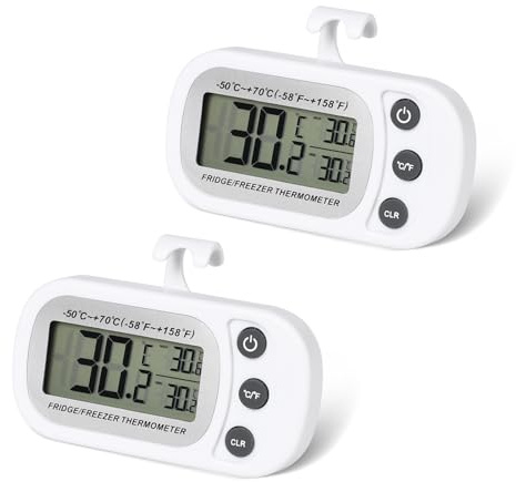 Pumwoy 2 Stück Kühlschrank Thermometer Max/Min Funktiony, Gefrierschrank Thermometer LCD Display, Digitales Kühlschrankthermometer mit Haken & Magnet, Küchenthermometer für Zuhause Restaurants Cafés