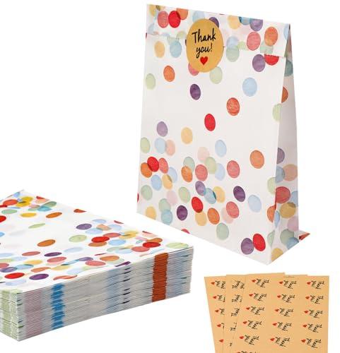 JIUBULUJIU 60 Stück Geschenktüten Kindergeburtstag | Geschenktüten mit 63 Aufkleber, Bunte Tüten Kindergeburtstag, Papiertüten Klein für Geburtstag, Hochzeit, Giveaways, Party