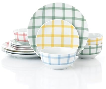Waterside 12pc Porcelain Dinner Set, Gingham Pastels; 4 Dinner Plates, Side Plates and Deep Bowls - Dishwasher & Microwave Safe