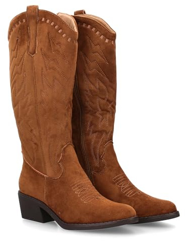 shoes&blues.es 95052 Bota Mujer Cana Alta con Adornos bordadoes Estilo Cowboy. Tacon bajo y Comodo. Ideal Temporada Otono Invierno. Taupe Talla 37