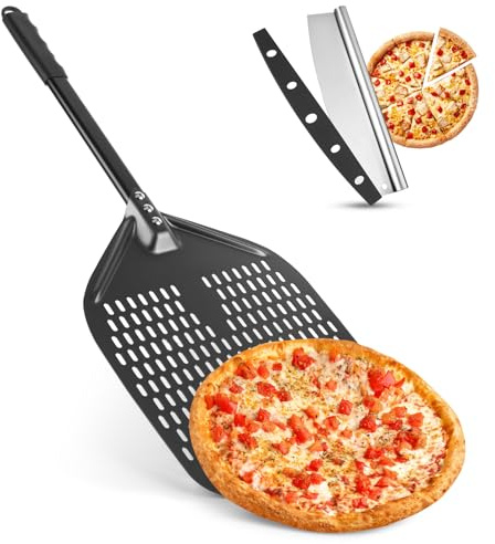 Rhyhome Pelle à pizza de qualité supérieure - [Poignée longue] - Trancheuse à pizza perforée fabriquée en aluminium anodisé dur - Facilite la glisse de la pizza - Cadeau accessoire de barbecue