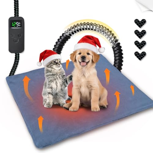 YeloDeer Pet Heating Pad for Dogs & Cats, Soft & Cuddly Heated Cat Bed with 9 Adjustable Temperature Levels (30–55℃) 12 Timer Settings (1–12H), Washable Cover with 4 Anti-Slip Pads 45 * 50cm, Blue