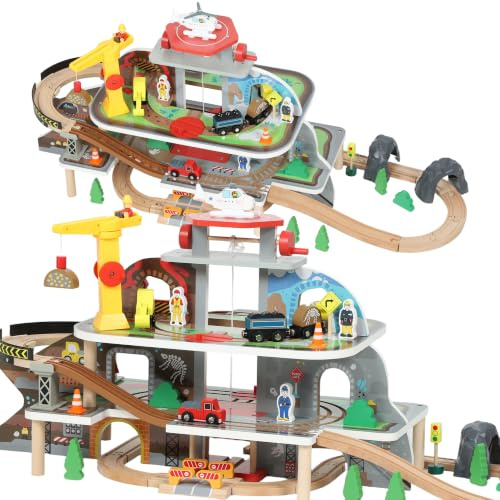 AIYAPLAY Holzeisenbahn Set 3 Ebene 79 Stück für Kleinkinder ab 3 Jahren | Elektrische Lok Zügen, Grundplatte, Kran, Hubschrauber, Magnetisch Holzzug, Eisenbahn Set, für Kinder Jungen Mädchen