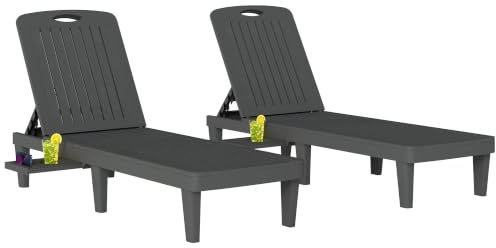 Outsunny Lot de 2 Chaises Longues de Jardin en PP avec Plateau Latéral Gris | Inclinables à 5 Positions, Tout Temps, pour Terrasse, Piscine, Jardin, Plage