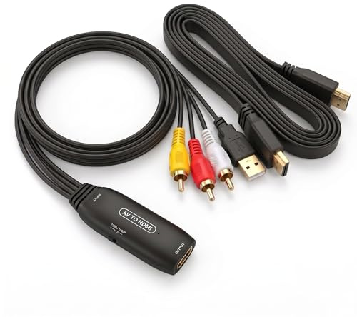QGECEN Adaptador RCA a HDMI, convertidor AV a HDMI 1080P/720P, convertidor de audio y video CVBS compuesto Plug & Play con cable RCA de 50 cm y cable HDMI de 150 cm, para PS2, Wii, N64, VHS, VCR, DVD
