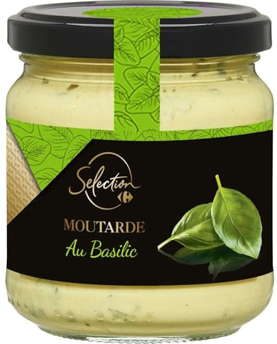 CARREFOUR SELECTION Moutarde au Basilic 200 g — sauce onctueuse aux graines de moutarde et basilic frais, pot en verre - Lot de 4