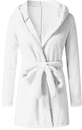 Generisch 2026 Mujer Invierno Cuello Chal Extendido Albornoz Vestido de Casa Abrigo de Manga Larga (Blanco, S)