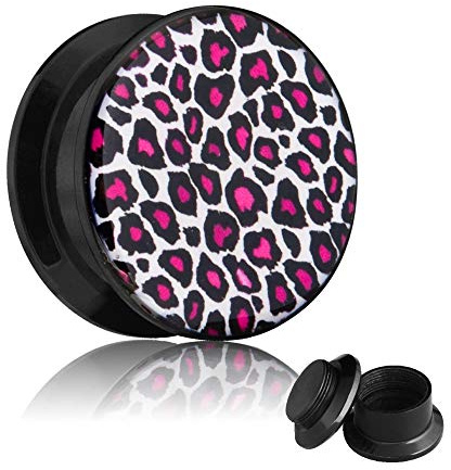 Treuheld® | Motiv Ohr Plug - SCHNEE-LEOPARD in Pink - LEO weiß - 21 Größen: 3mm - 40mm - mit Gewinde zum Schrauben - schwarz - Double Flare - Piercing Box Flesh Tunnel Plug aus schwarzem Kunststoff