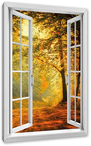 Pixxprint Wald im Herbst, Fenster, Größe: 100x70cm, Leinwandbild, fertig gespannt, Wandbild, Dekoration, Kunstdruck, kein Poster
