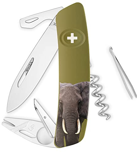 SWIZA Taschenmesser TT03, Tick Tool, Stahl 440, rostfrei, Sperre, khakifarbene Schalen, Elefantenmotiv, 11 Funktionen, normal