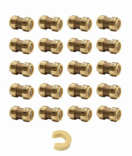 20-Pack EFIELD 1/2 Inch Straight Coupling Push-Fit Brass Fitting to Connect Pex, Copper, CPVC with a Disconnect Tool,(PF003-20PCS)